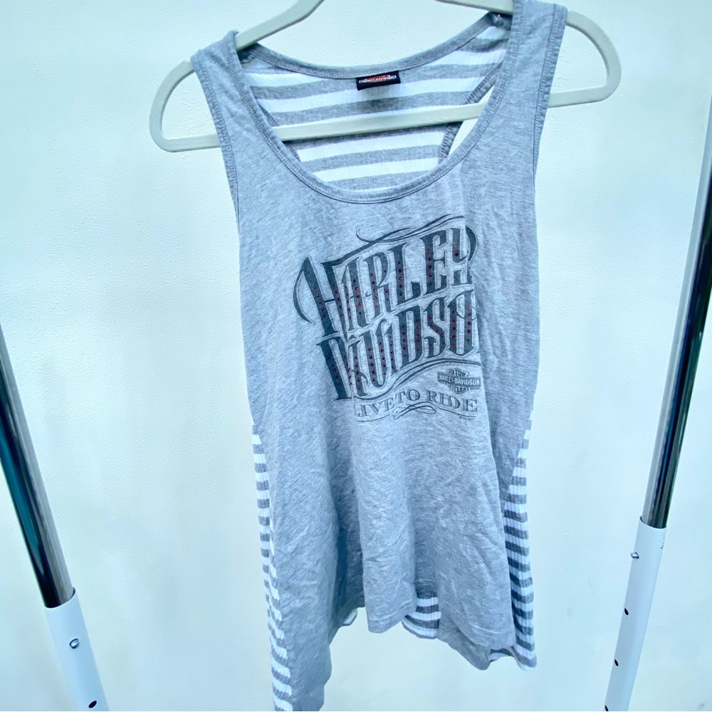 Harley Davidson Badlands Live To Ride Grey
Stripe Rhinestone Tank Top Size XL